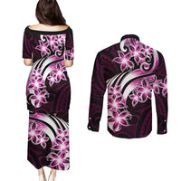 Plumeria Tribal Tattoo Couples Matching Puletasi and Long Sleeve Button Shirt Pink Polynesian Pattern