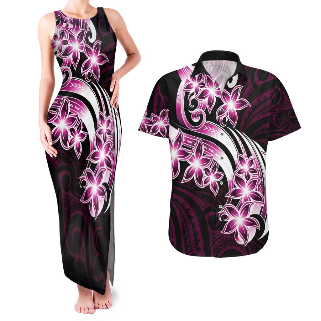 Plumeria Tribal Tattoo Couples Matching Tank Maxi Dress and Hawaiian Shirt Pink Polynesian Pattern