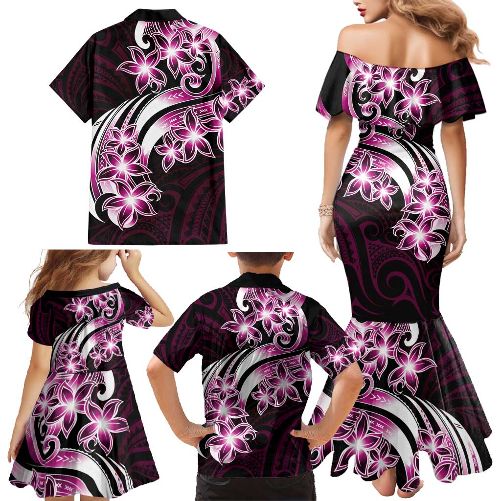 Plumeria Tribal Tattoo Family Matching Mermaid Dress and Hawaiian Shirt Pink Polynesian Pattern