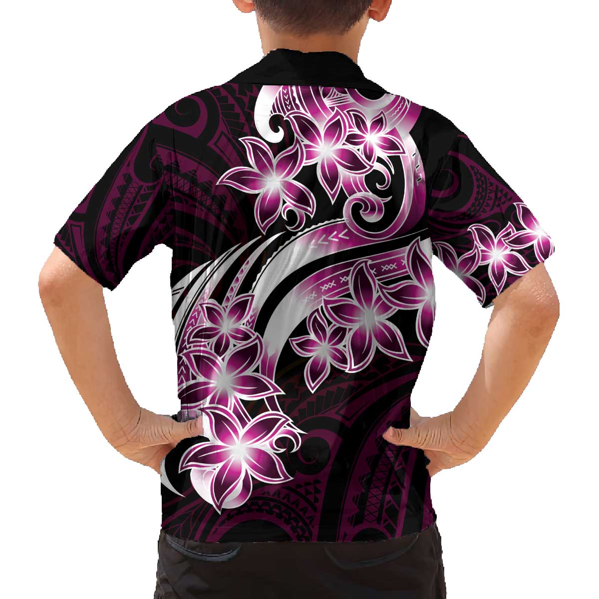 Plumeria Tribal Tattoo Family Matching Off Shoulder Short Dress and Hawaiian Shirt Pink Polynesian Pattern