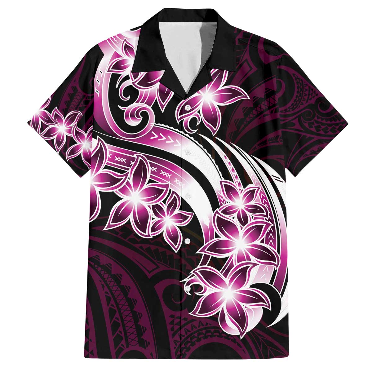 Plumeria Tribal Tattoo Family Matching Off Shoulder Short Dress and Hawaiian Shirt Pink Polynesian Pattern