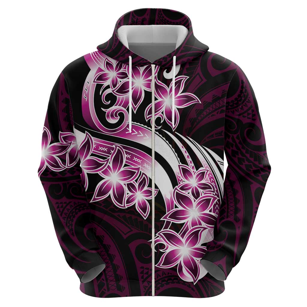 Plumeria Tribal Tattoo Zip Hoodie Pink Polynesian Pattern