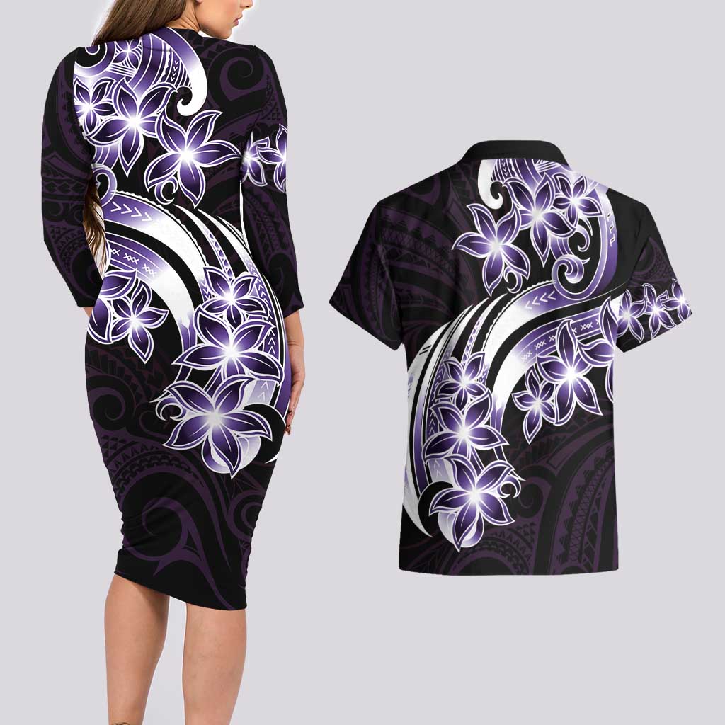 Plumeria Tribal Tattoo Couples Matching Long Sleeve Bodycon Dress and Hawaiian Shirt Purple Polynesian Pattern