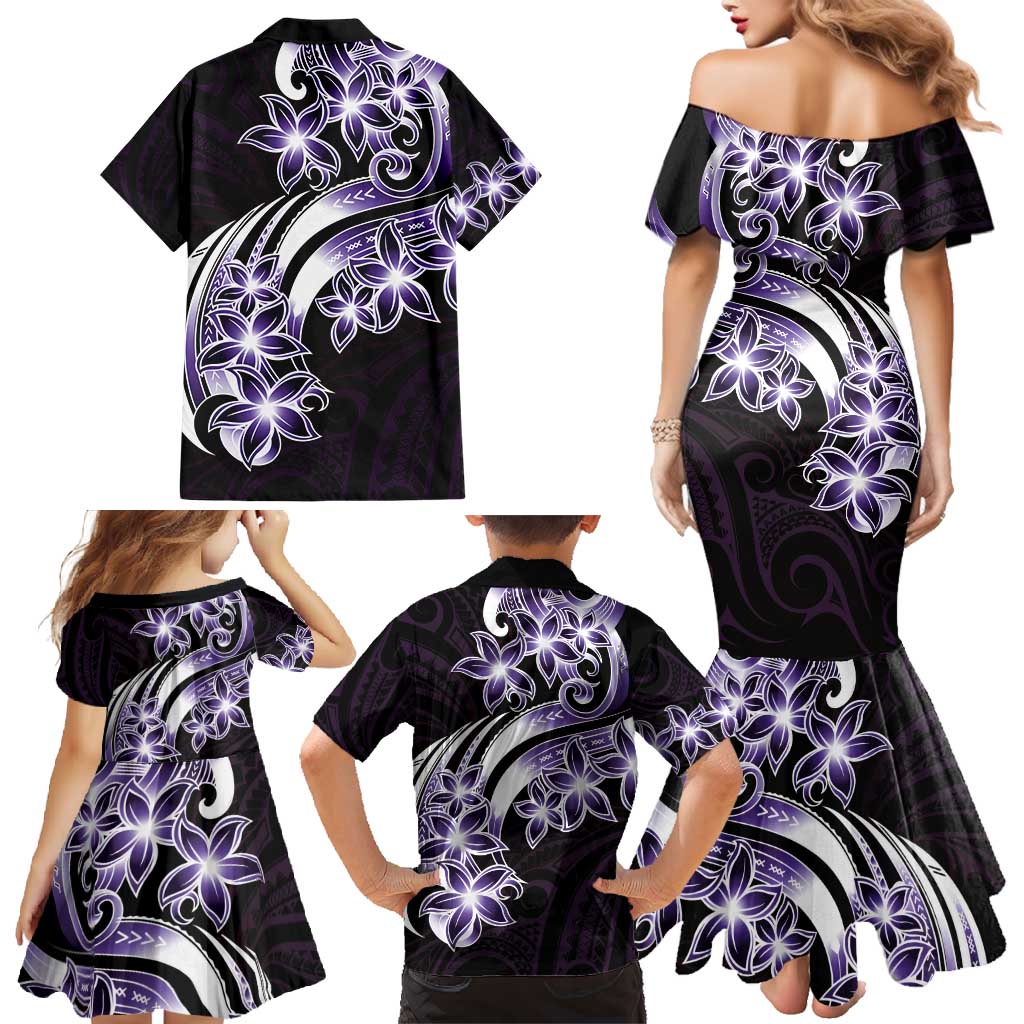 Plumeria Tribal Tattoo Family Matching Mermaid Dress and Hawaiian Shirt Purple Polynesian Pattern