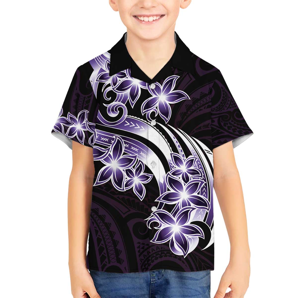 Plumeria Tribal Tattoo Family Matching Off Shoulder Short Dress and Hawaiian Shirt Purple Polynesian Pattern