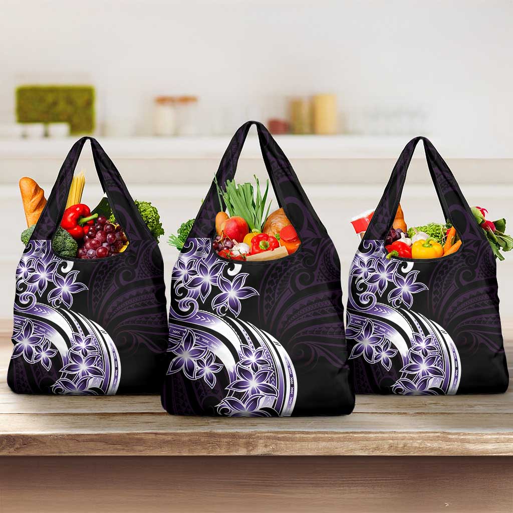 Plumeria Tribal Tattoo Grocery Bag Purple Polynesian Pattern