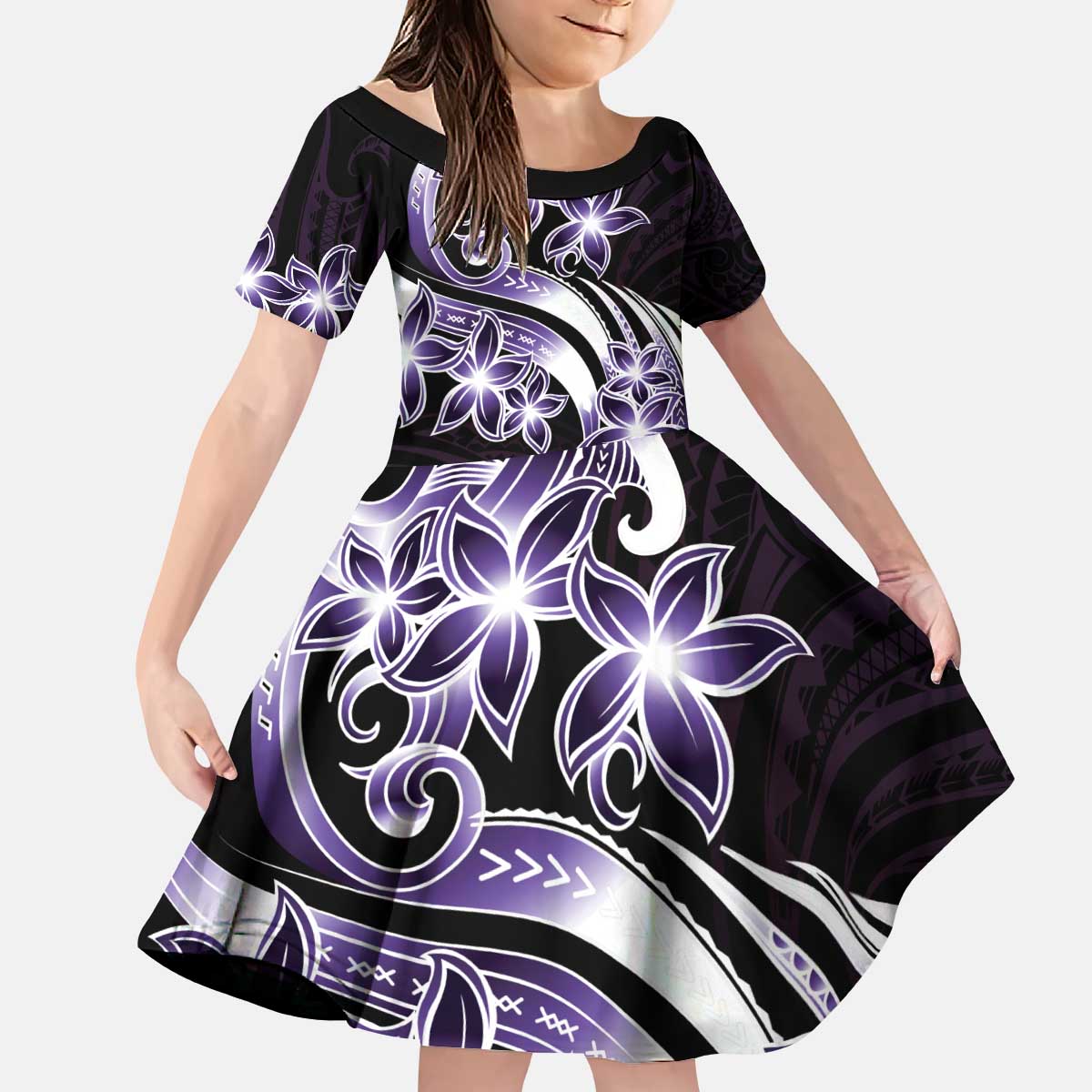 Plumeria Tribal Tattoo Kid Short Sleeve Dress Purple Polynesian Pattern LT9 KID Purple - Polynesian Pride