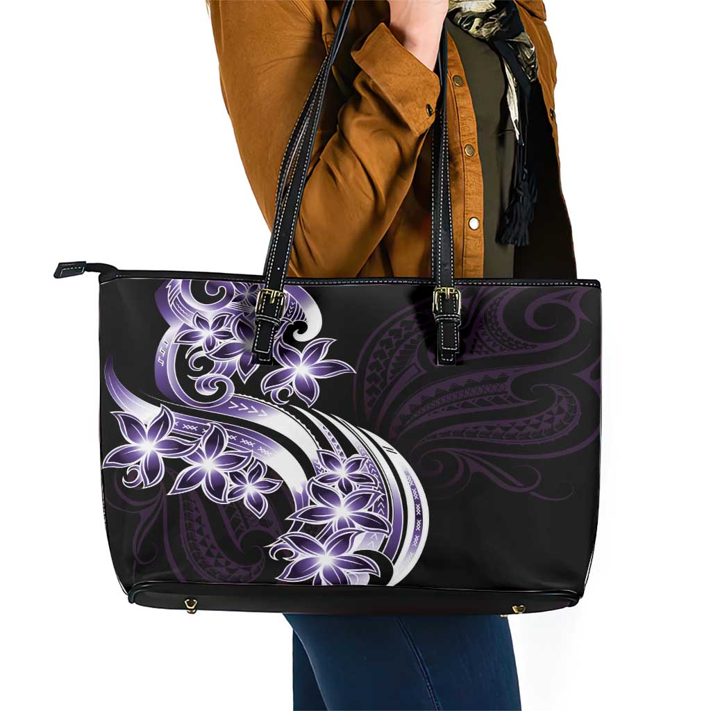 Plumeria Tribal Tattoo Leather Tote Bag Purple Polynesian Pattern