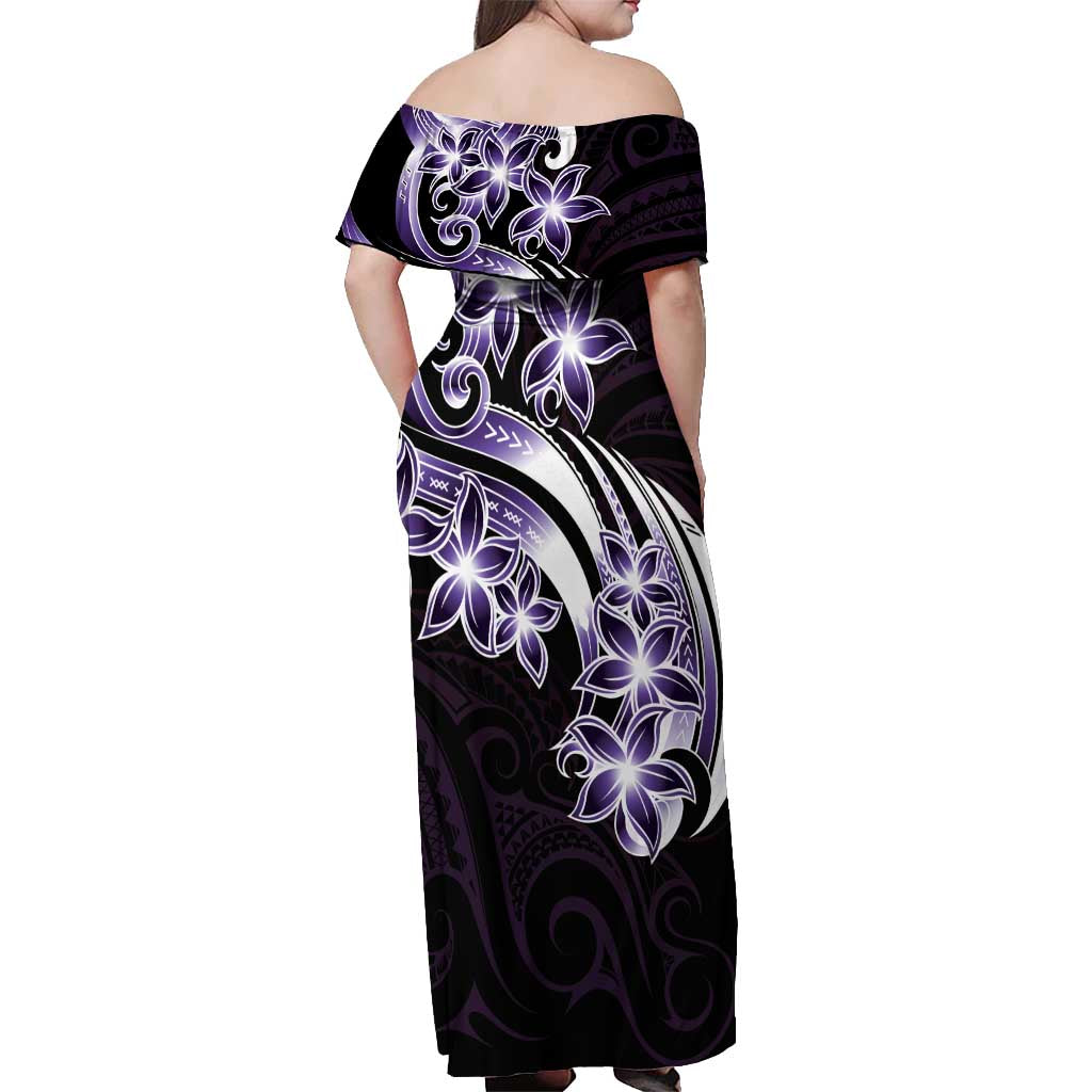 Plumeria Tribal Tattoo Off Shoulder Maxi Dress Purple Polynesian Pattern