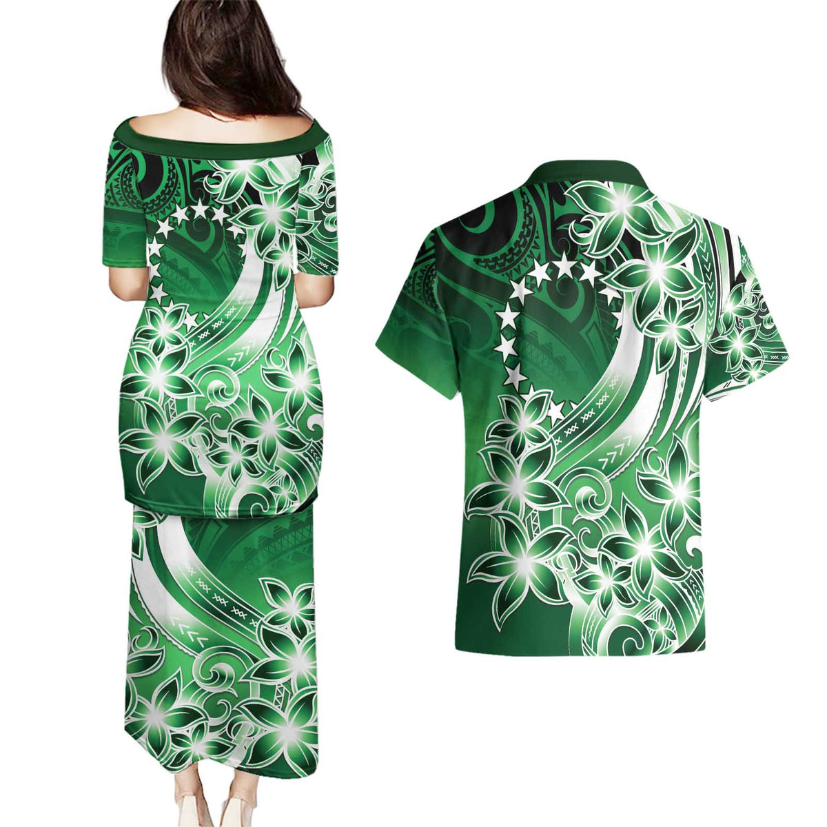 Cook Islands Tattoo Couples Matching Puletasi and Hawaiian Shirt Plumeria Polynesian Pattern