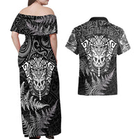 New Zealand Rugby Couples Matching Off Shoulder Maxi Dress and Hawaiian Shirt Silver Fern All Black Mix Ta Moko White Style LT9 - Polynesian Pride