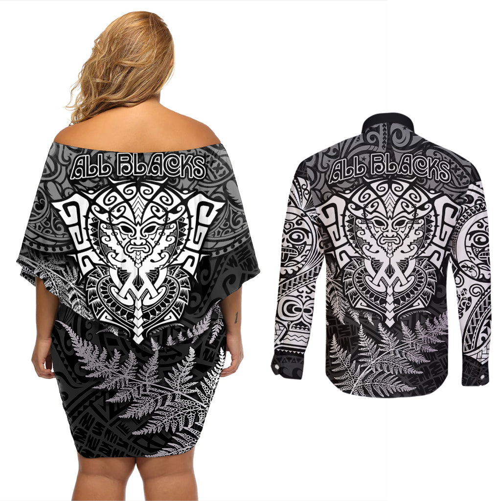 New Zealand Rugby Couples Matching Off Shoulder Short Dress and Long Sleeve Button Shirts Silver Fern All Black Mix Ta Moko White Style LT9 - Polynesian Pride