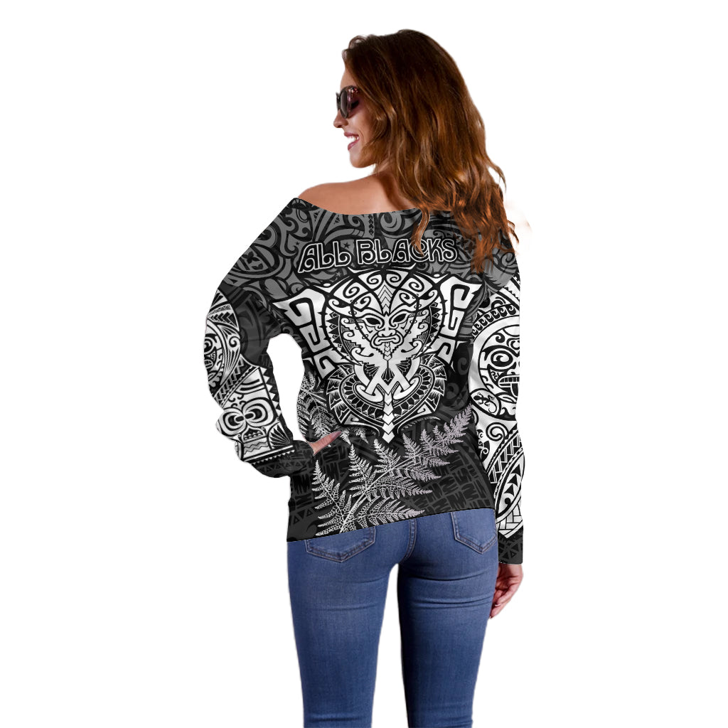 New Zealand Rugby Off Shoulder Sweater Silver Fern All Black Mix Ta Moko White Style LT9 - Polynesian Pride
