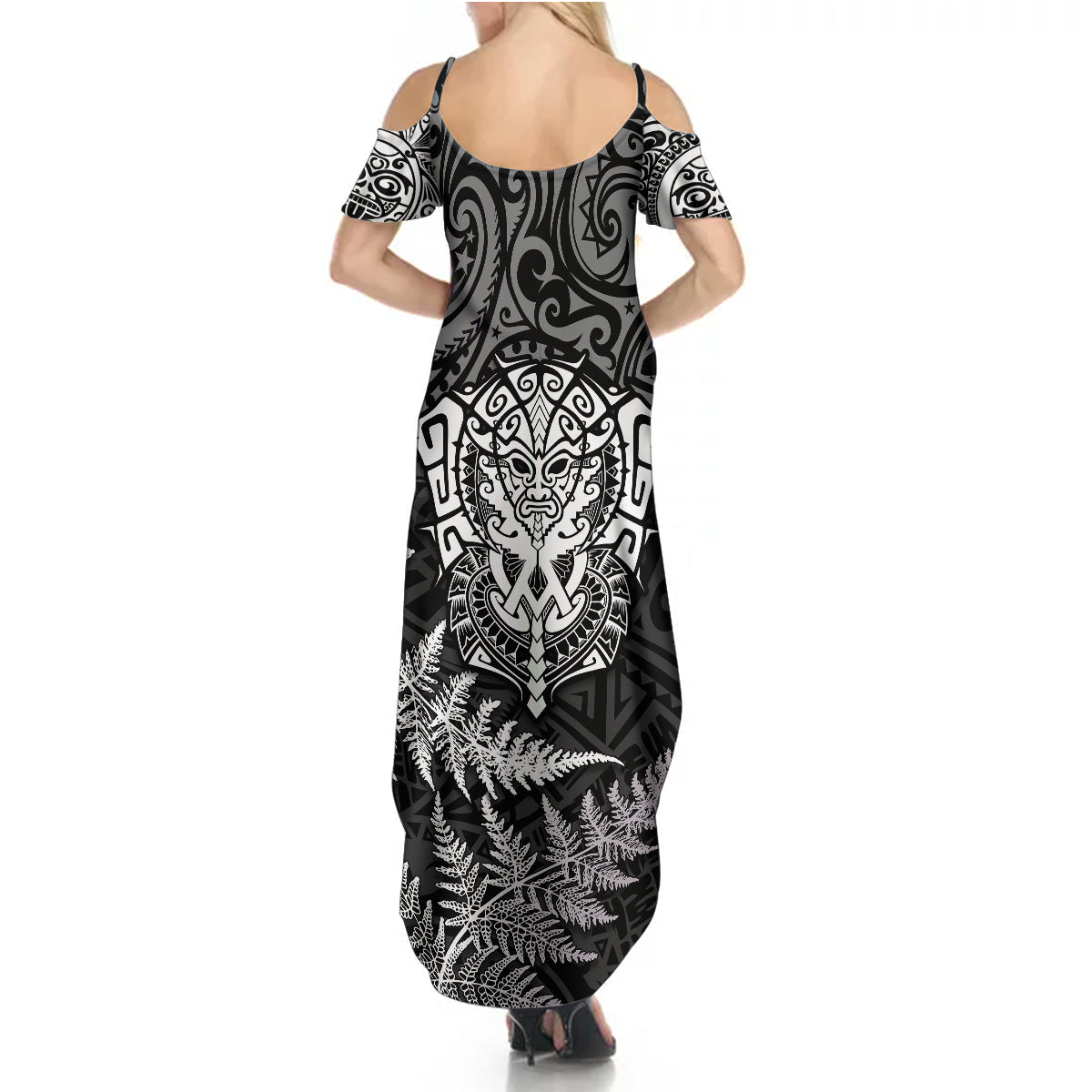 New Zealand Rugby Summer Maxi Dress Silver Fern All Black Mix Ta Moko White Style LT9 - Polynesian Pride