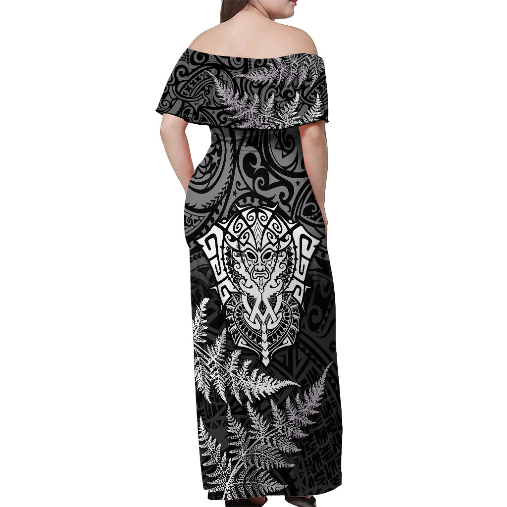 Personalised New Zealand Rugby Off Shoulder Maxi Dress Silver Fern All Black Mix Ta Moko White Style LT9 - Polynesian Pride