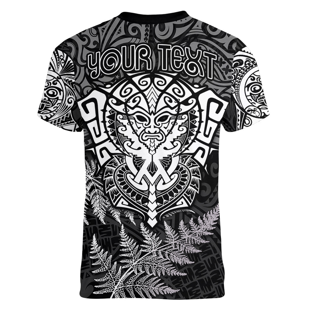 Personalised New Zealand Rugby Women V Neck T Shirt Silver Fern All Black Mix Ta Moko White Style LT9 - Polynesian Pride