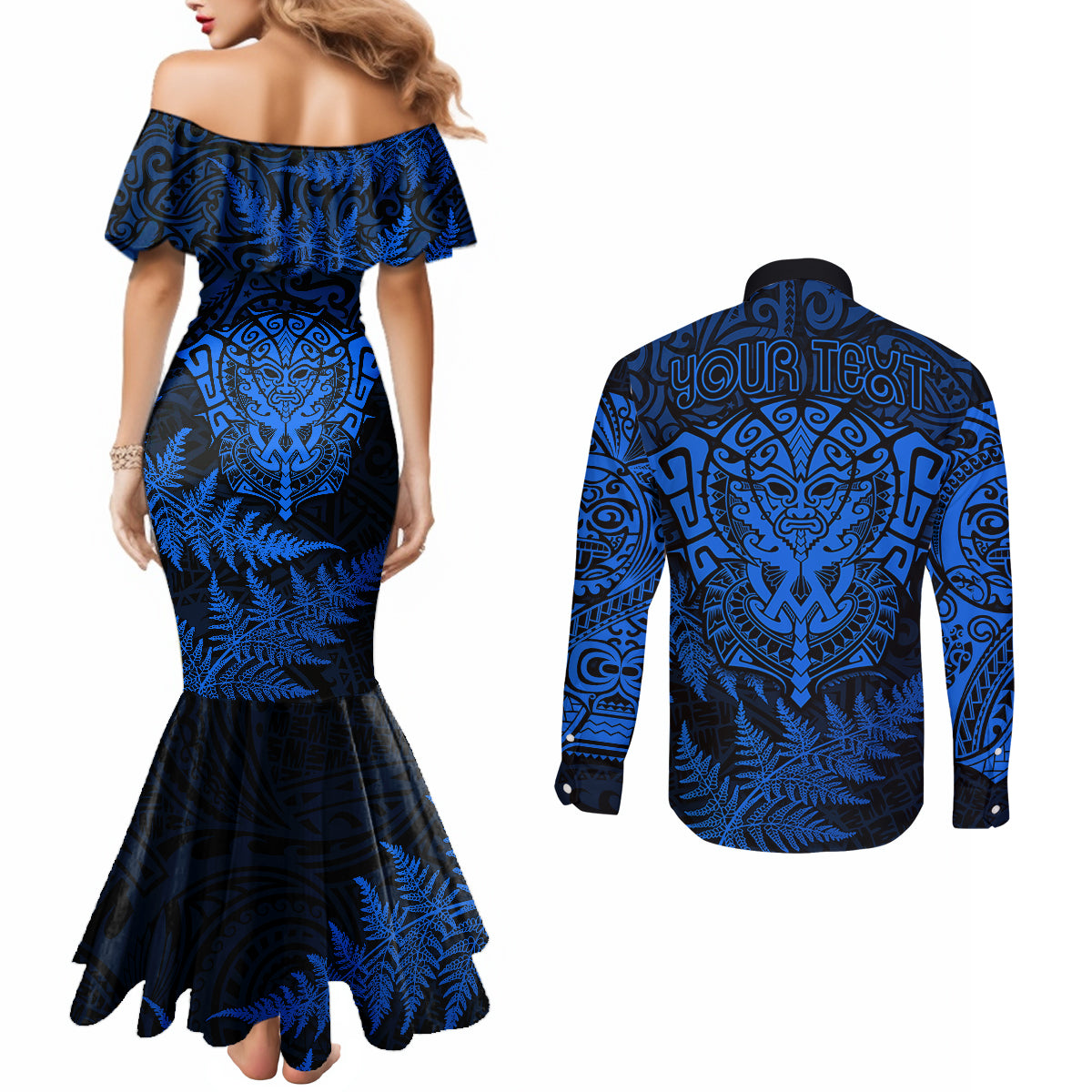 Personalised New Zealand Rugby Couples Matching Mermaid Dress and Long Sleeve Button Shirts Silver Fern All Black Mix Ta Moko Blue Style LT9 - Polynesian Pride
