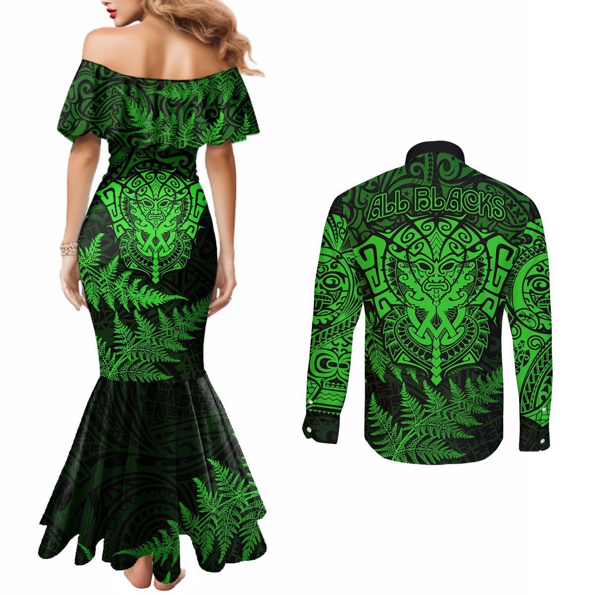 New Zealand Rugby Couples Matching Mermaid Dress and Long Sleeve Button Shirts Silver Fern All Black Mix Ta Moko Green Style LT9 - Polynesian Pride