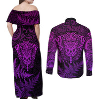New Zealand Rugby Couples Matching Off Shoulder Maxi Dress and Long Sleeve Button Shirts Silver Fern All Black Mix Ta Moko Purple Style LT9 - Polynesian Pride