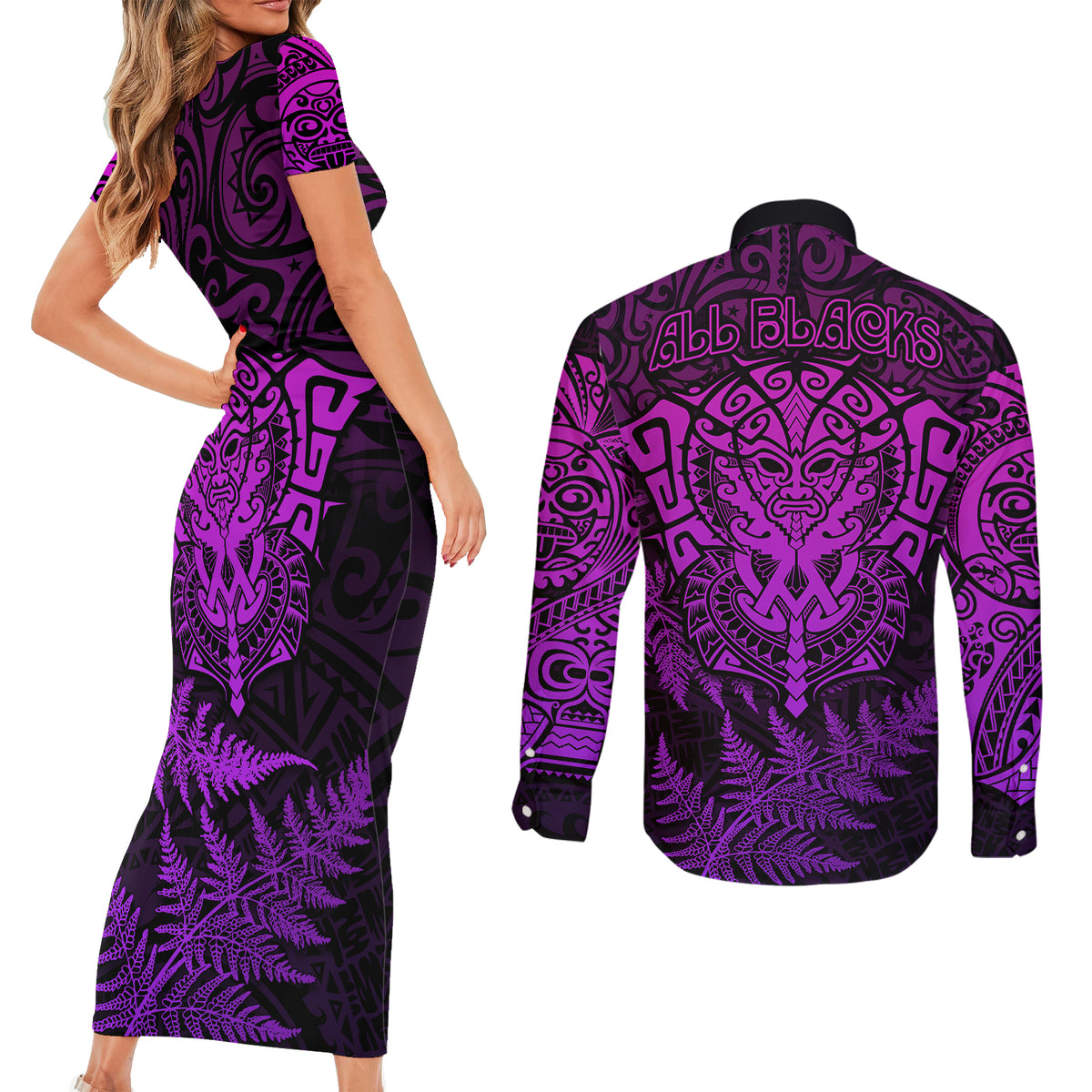 New Zealand Rugby Couples Matching Short Sleeve Bodycon Dress and Long Sleeve Button Shirts Silver Fern All Black Mix Ta Moko Purple Style LT9 - Polynesian Pride