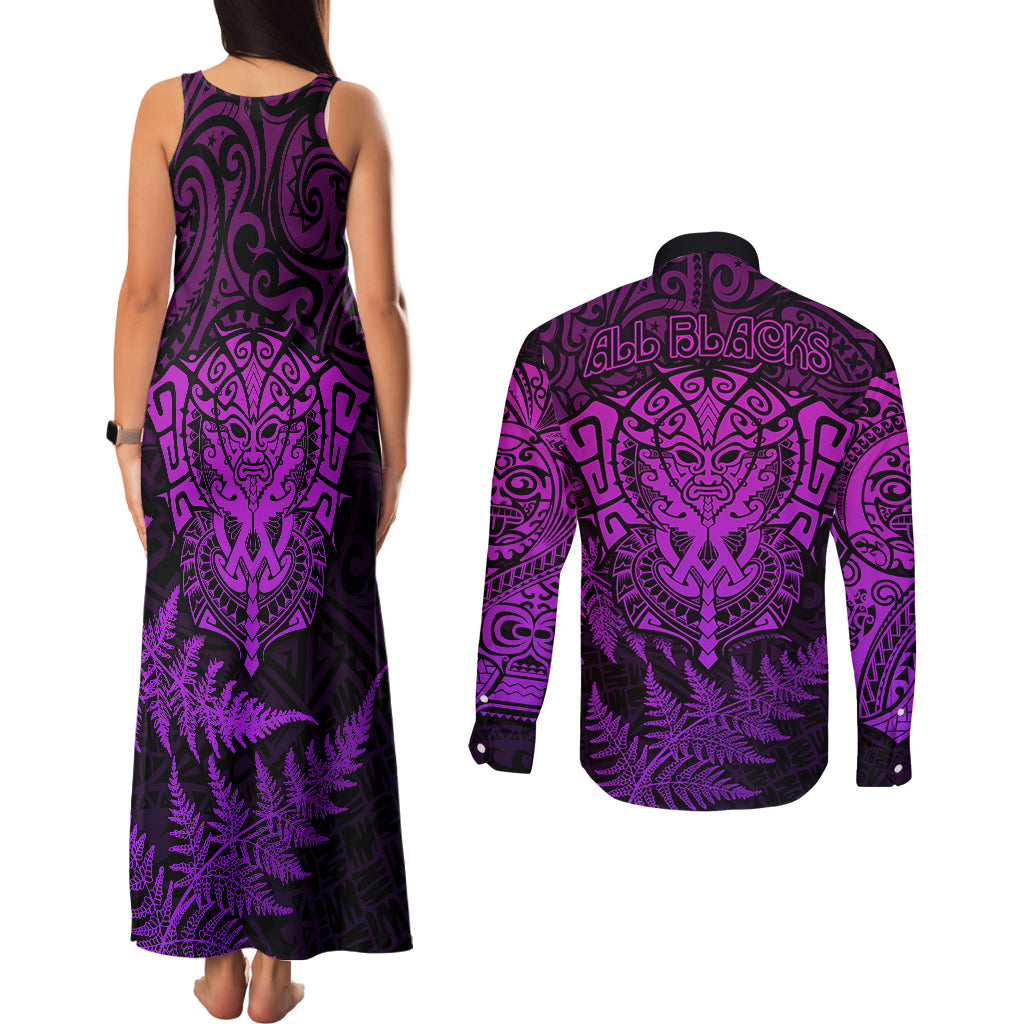 New Zealand Rugby Couples Matching Tank Maxi Dress and Long Sleeve Button Shirts Silver Fern All Black Mix Ta Moko Purple Style LT9 - Polynesian Pride