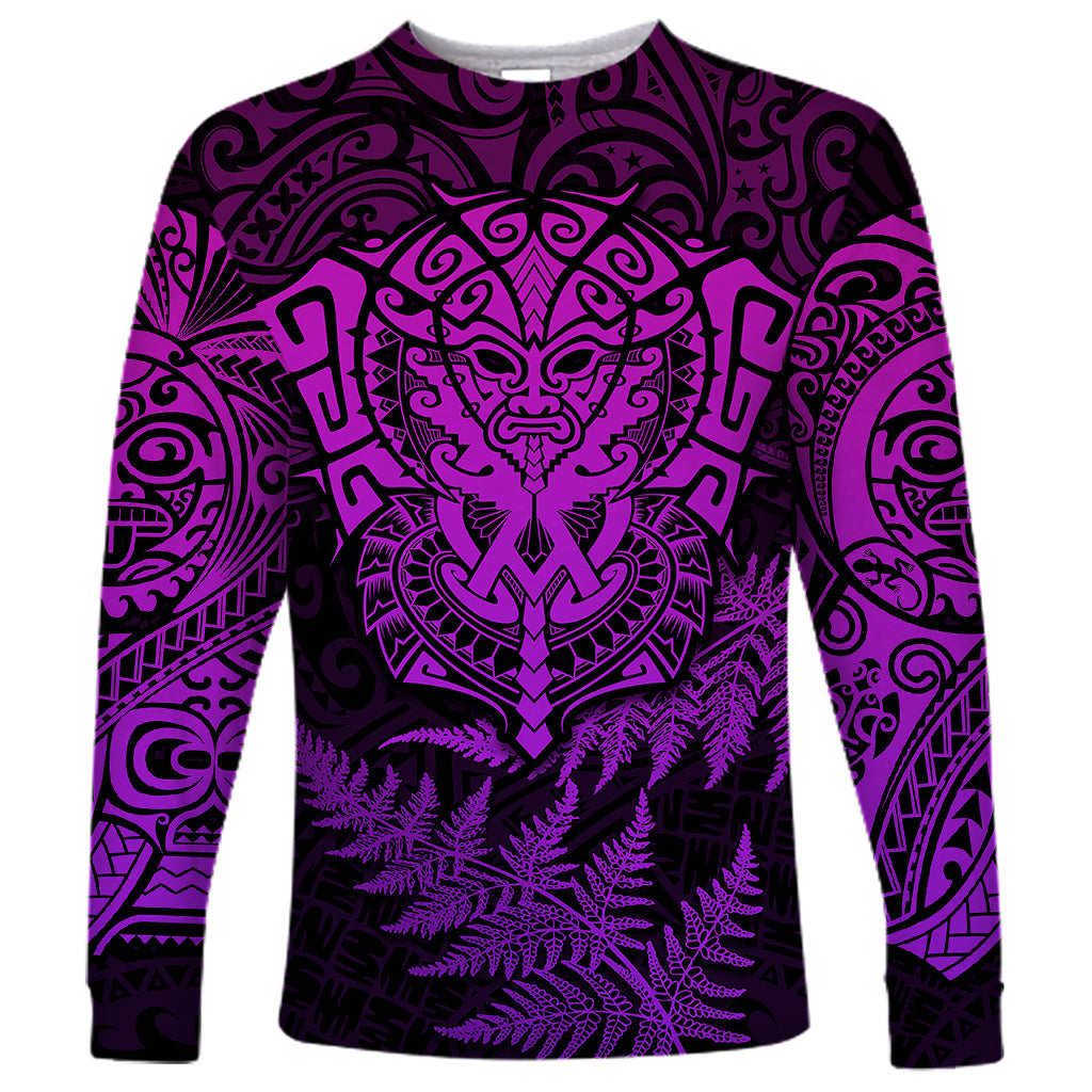 New Zealand Rugby Long Sleeve Shirt Silver Fern All Black Mix Ta Moko Purple Style LT9 Unisex Purple - Polynesian Pride