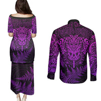 Personalised New Zealand Rugby Couples Matching Puletasi Dress and Long Sleeve Button Shirts Silver Fern All Black Mix Ta Moko Purple Style LT9 - Polynesian Pride