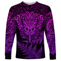 Personalised New Zealand Rugby Long Sleeve Shirt Silver Fern All Black Mix Ta Moko Purple Style LT9 Unisex Purple - Polynesian Pride