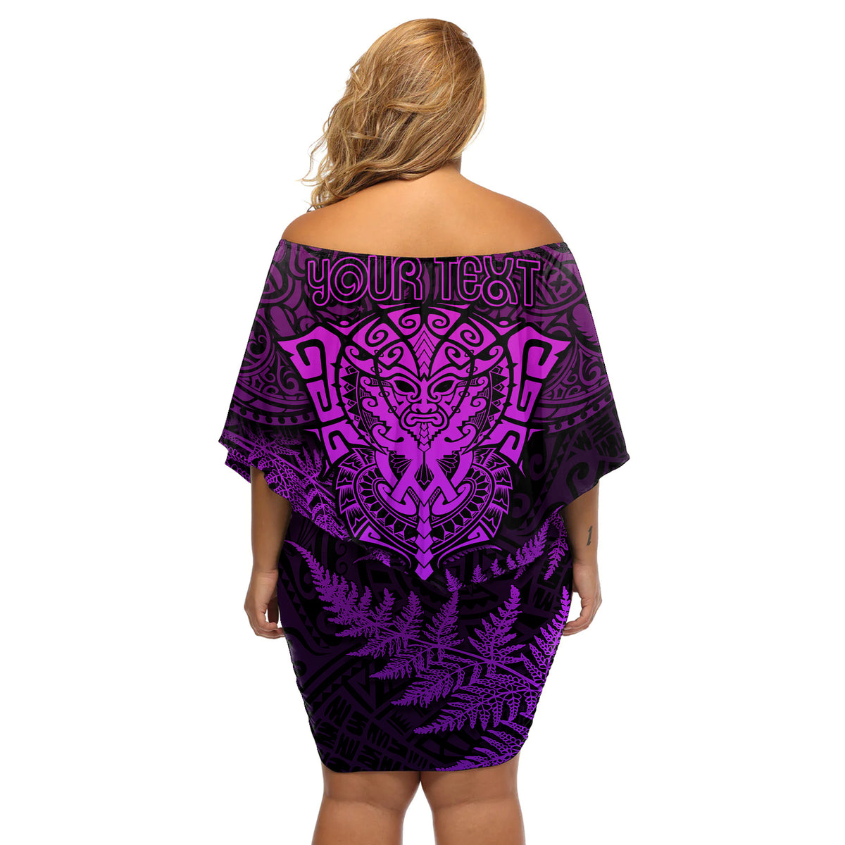 Personalised New Zealand Rugby Off Shoulder Short Dress Silver Fern All Black Mix Ta Moko Purple Style LT9 - Polynesian Pride