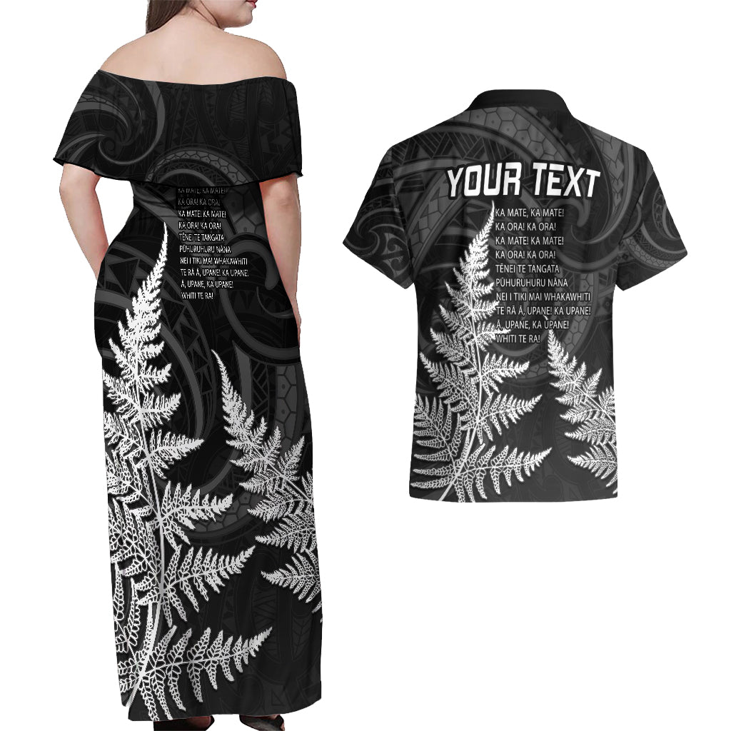 Personalised New Zealand Rugby Couples Matching Off Shoulder Maxi Dress and Hawaiian Shirt Aotearoa Ka Mate Haka All Black Mix Ta Moko White Style LT9 - Polynesian Pride