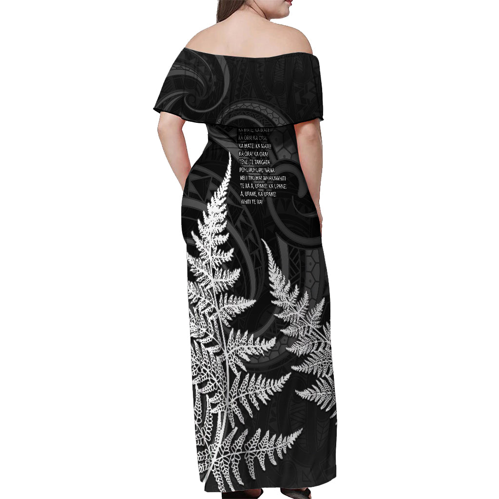 Personalised New Zealand Rugby Off Shoulder Maxi Dress Aotearoa Ka Mate Haka All Black Mix Ta Moko White Style LT9 - Polynesian Pride