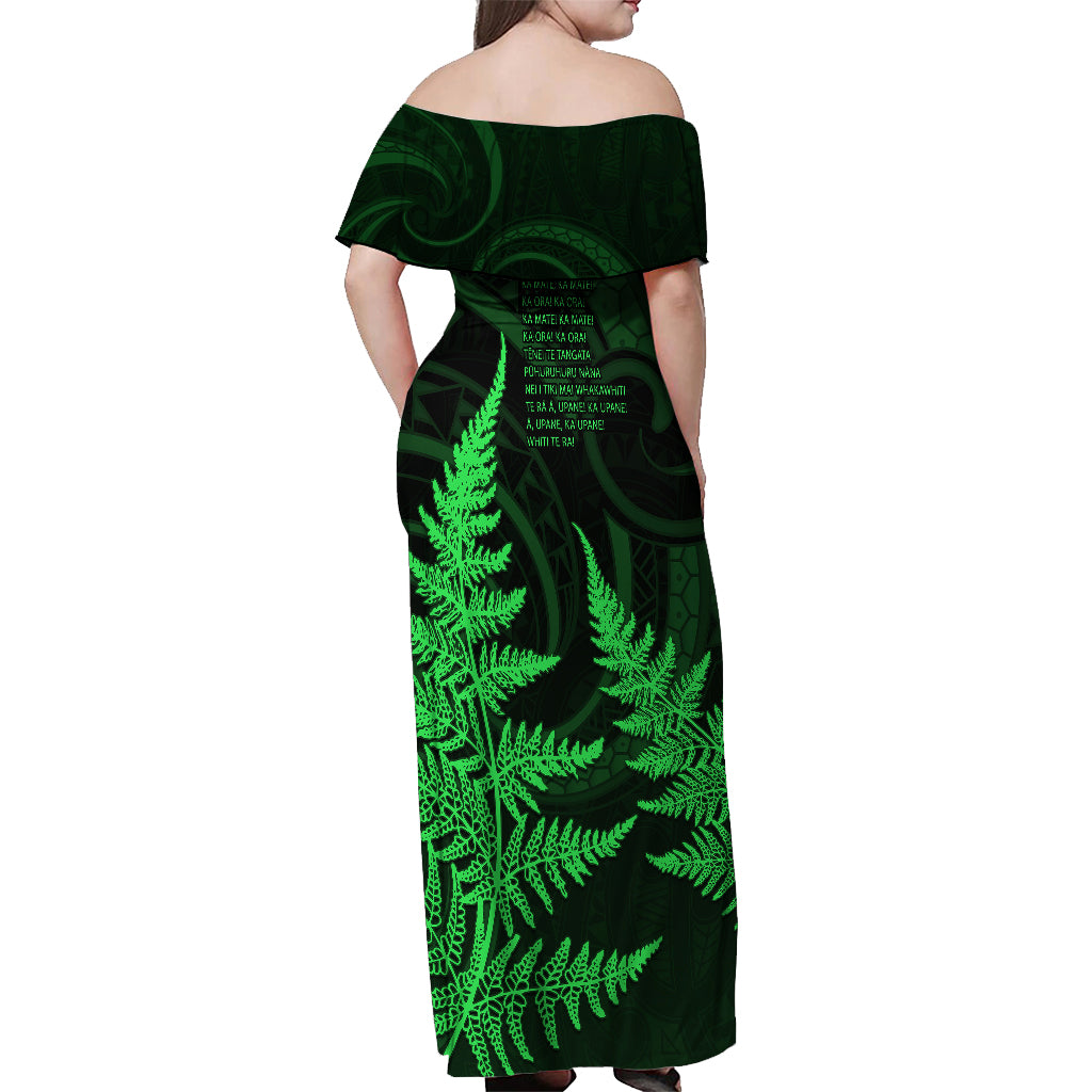 Personalised New Zealand Rugby Off Shoulder Maxi Dress Aotearoa Ka Mate Haka All Black Mix Ta Moko Green Style LT9 - Polynesian Pride