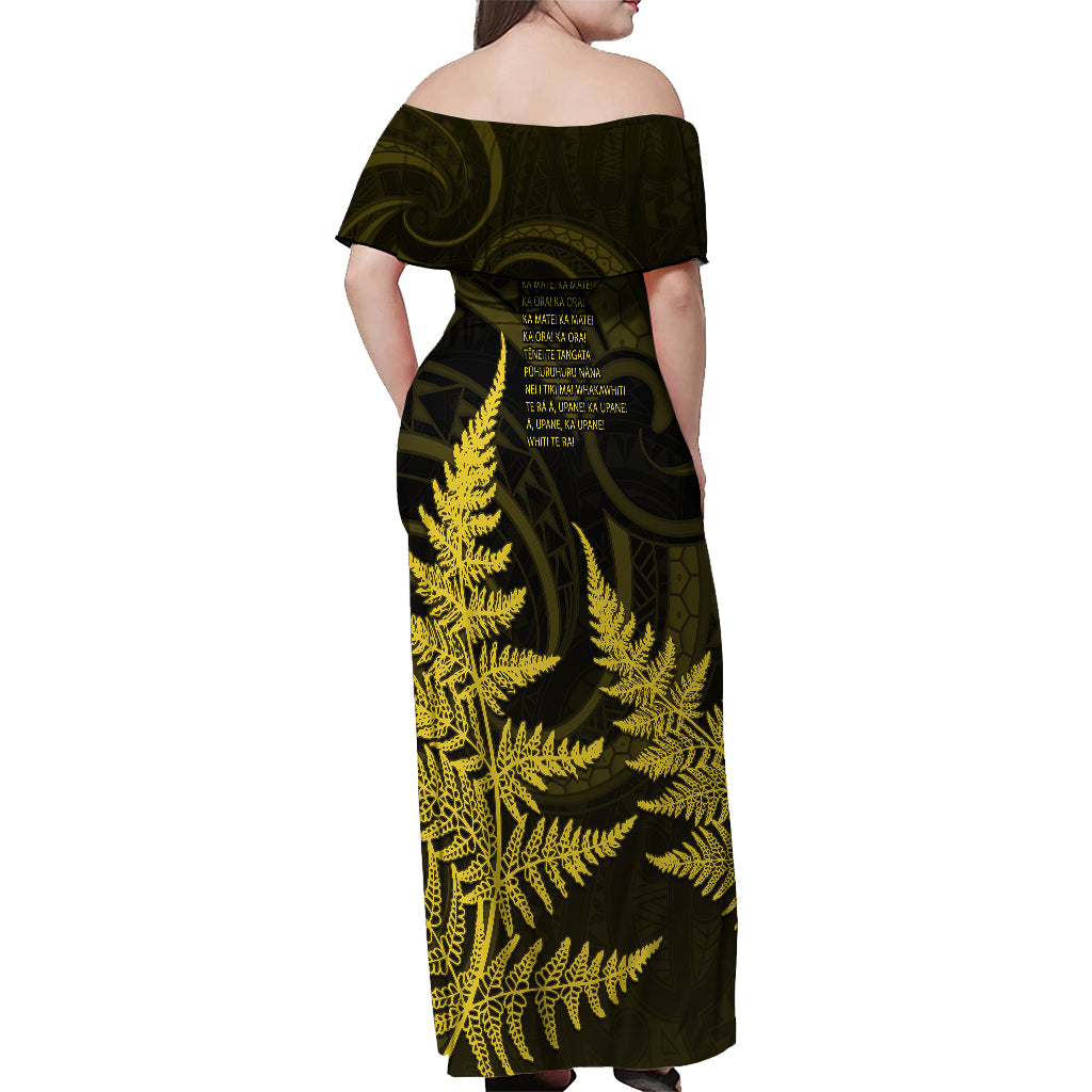 Personalised New Zealand Rugby Off Shoulder Maxi Dress Aotearoa Ka Mate Haka All Black Mix Ta Moko Gold Style LT9 - Polynesian Pride