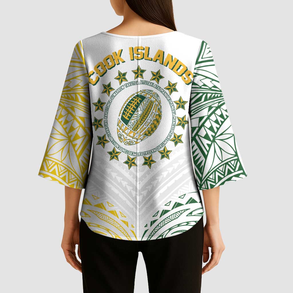 World Rugby Cook Islands Kimono Sleeve Blouse White Polynesian Tribal Pattern - Polynesian Pride