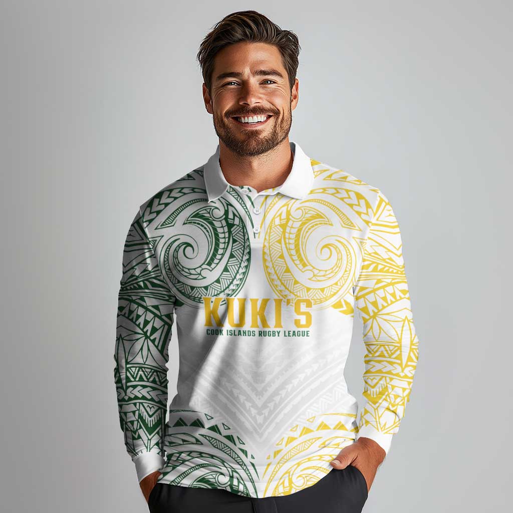 World Rugby Cook Islands Long Sleeve Polo Shirt White Polynesian Tribal Pattern - Polynesian Pride