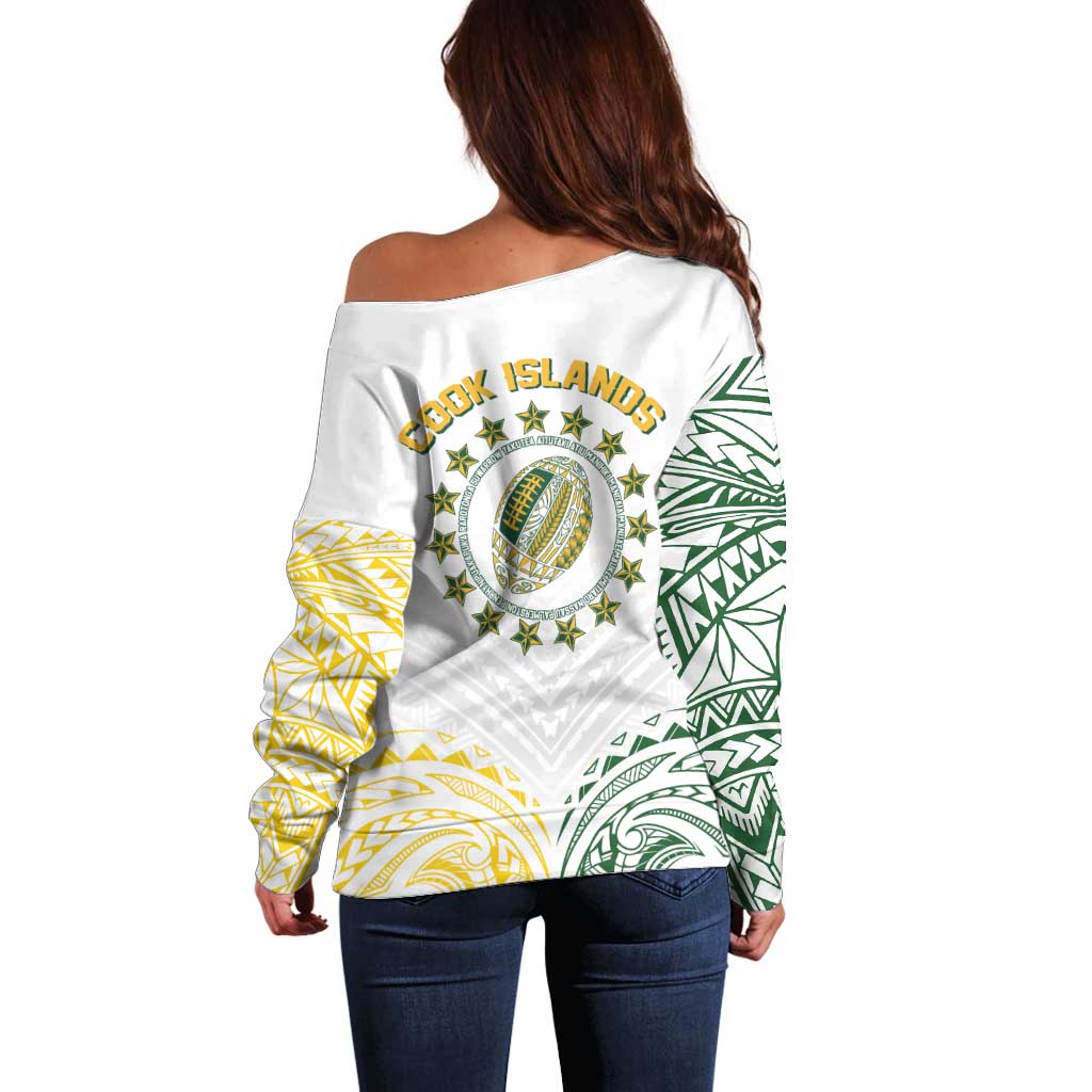 World Rugby Cook Islands Off Shoulder Sweater White Polynesian Tribal Pattern - Polynesian Pride