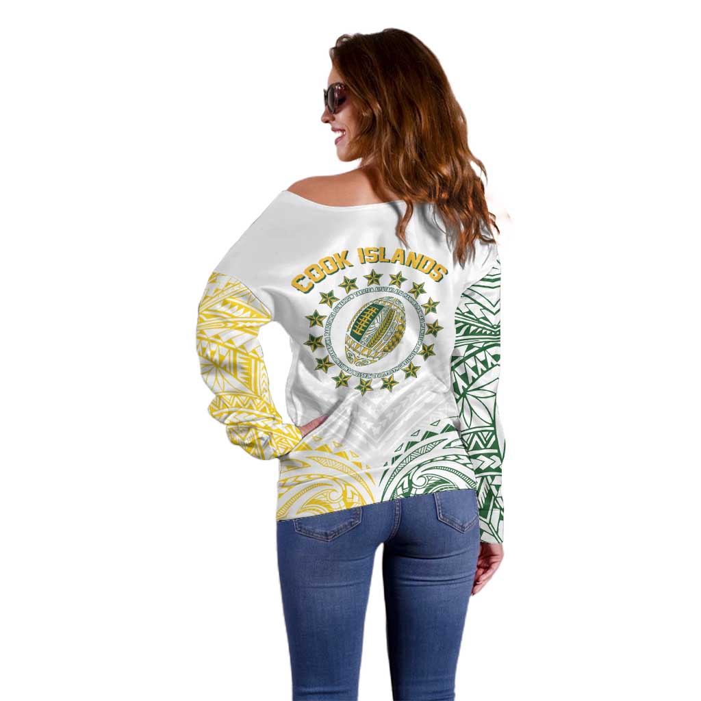 World Rugby Cook Islands Off Shoulder Sweater White Polynesian Tribal Pattern - Polynesian Pride
