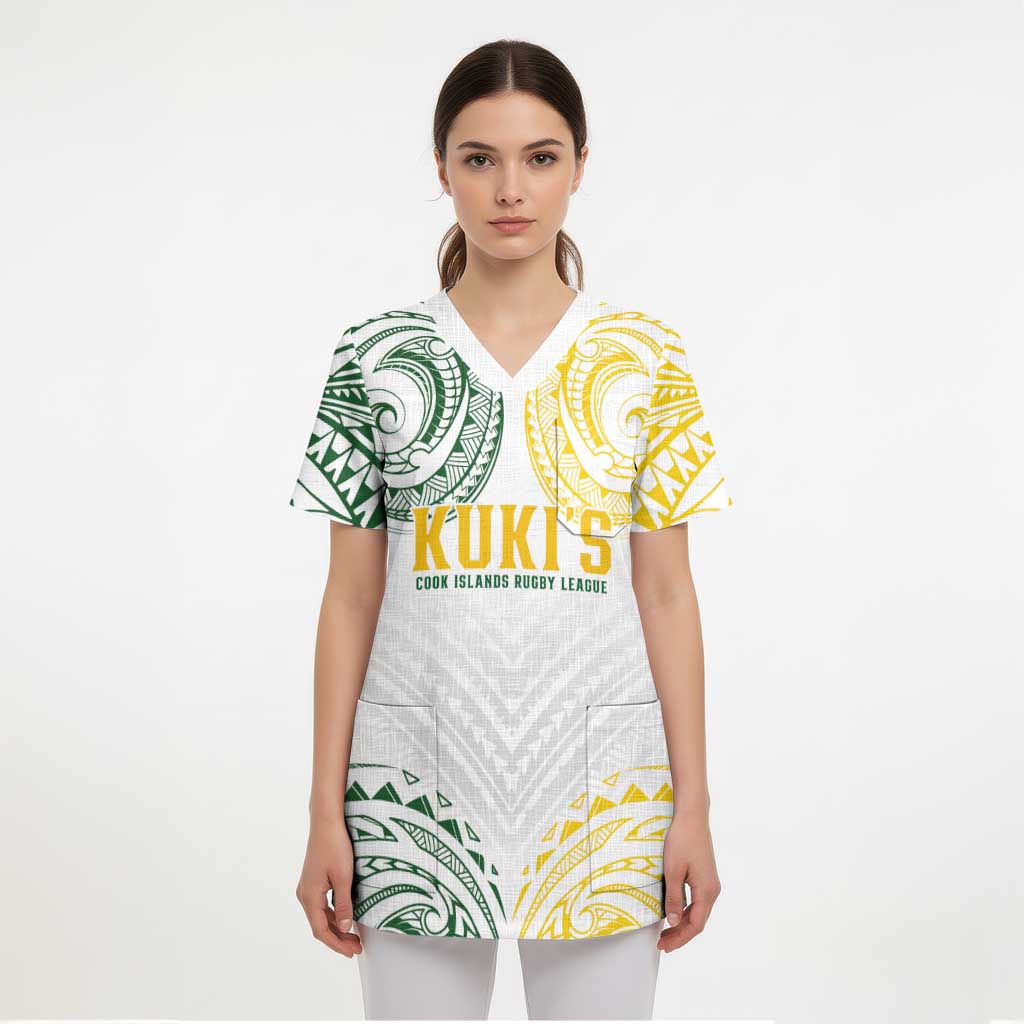 World Rugby Cook Islands Scrub Top White Polynesian Tribal Pattern - Polynesian Pride
