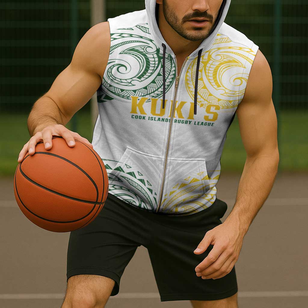 World Rugby Cook Islands Sleeveless Zip Hoodie White Polynesian Tribal Pattern - Polynesian Pride