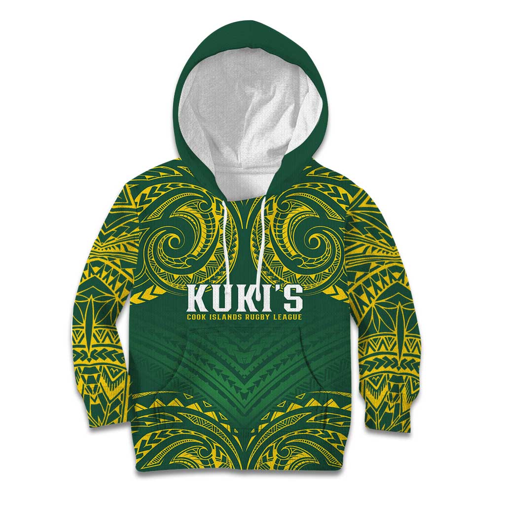 World Rugby Cook Islands Kid Hoodie Green Polynesian Tribal Pattern - Polynesian Pride