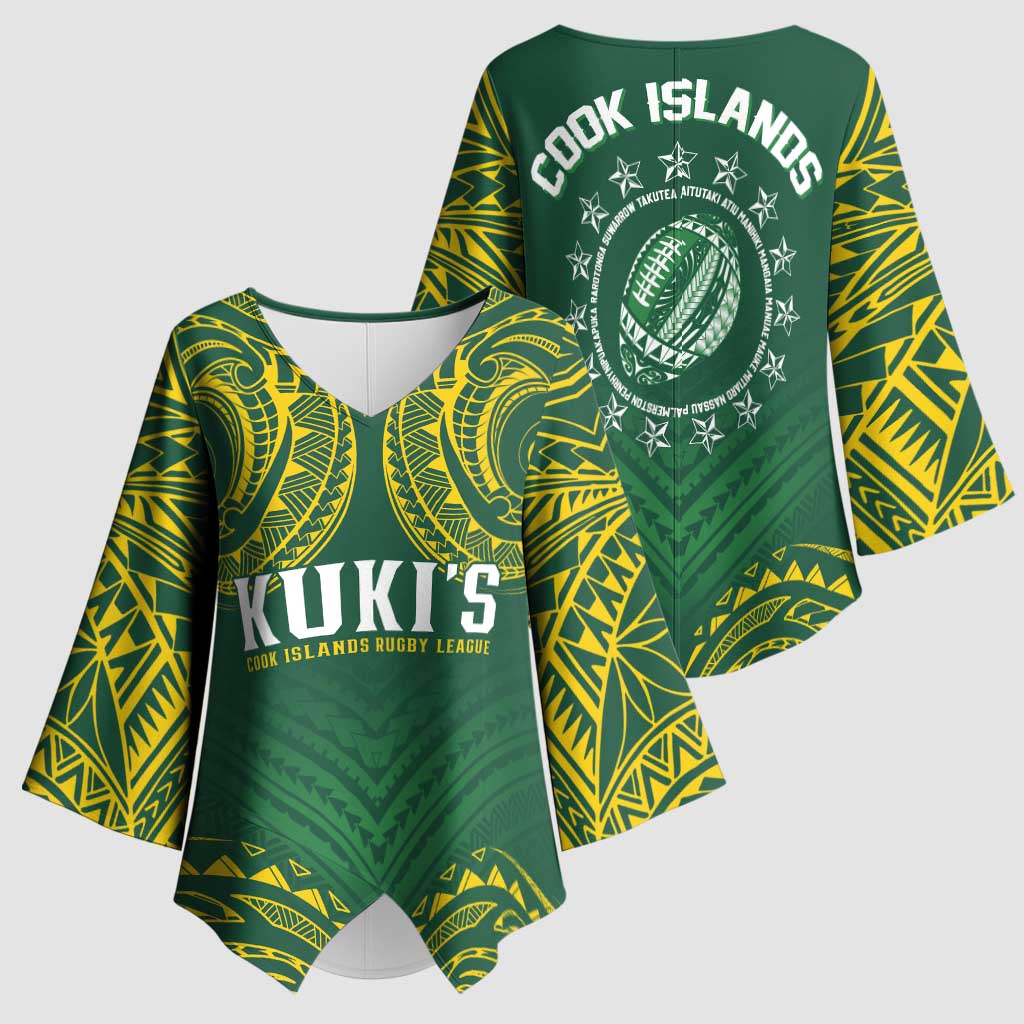 World Rugby Cook Islands Kimono Sleeve Blouse Green Polynesian Tribal Pattern - Polynesian Pride