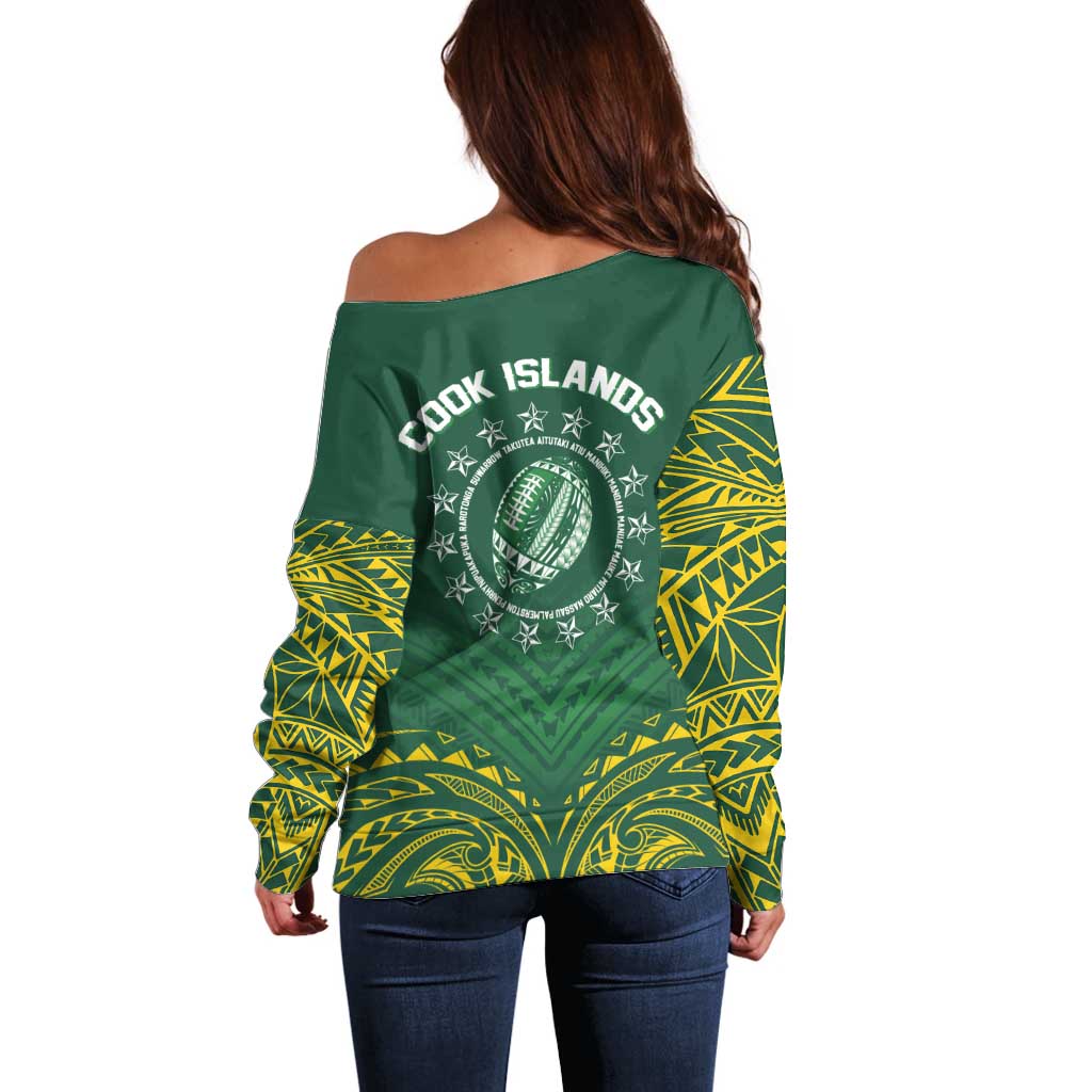 World Rugby Cook Islands Off Shoulder Sweater Green Polynesian Tribal Pattern - Polynesian Pride