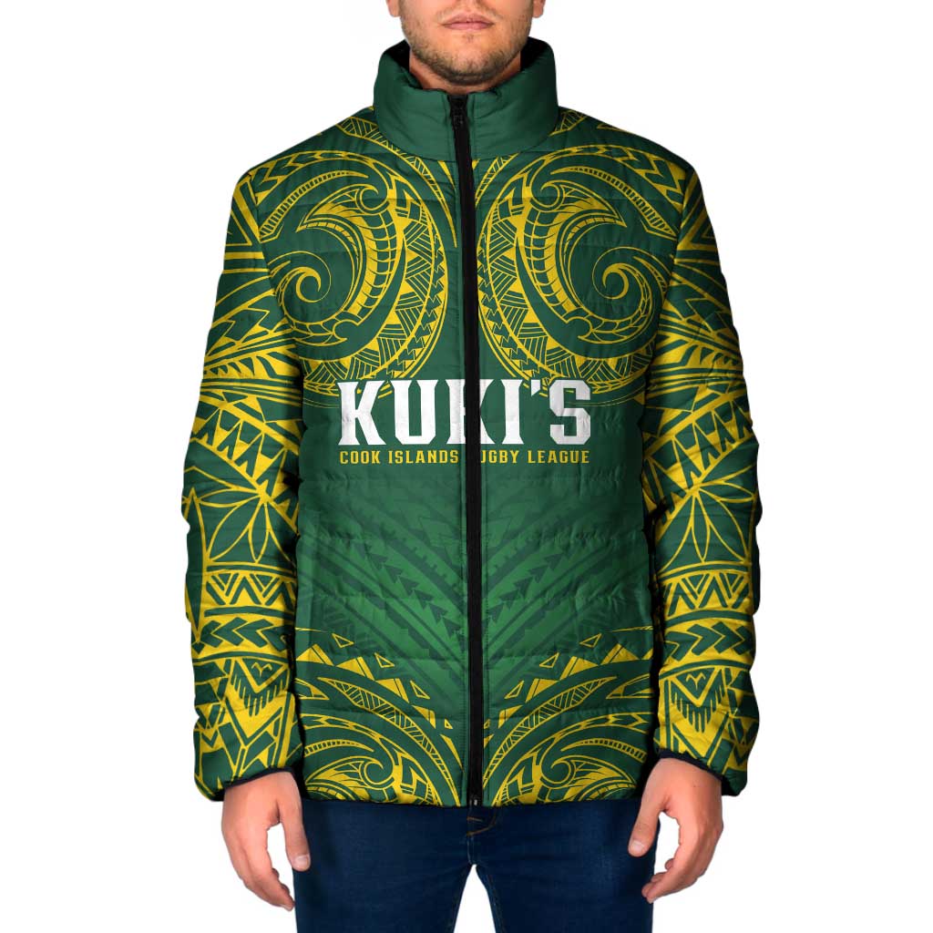 World Rugby Cook Islands Padded Jacket Green Polynesian Tribal Pattern - Polynesian Pride