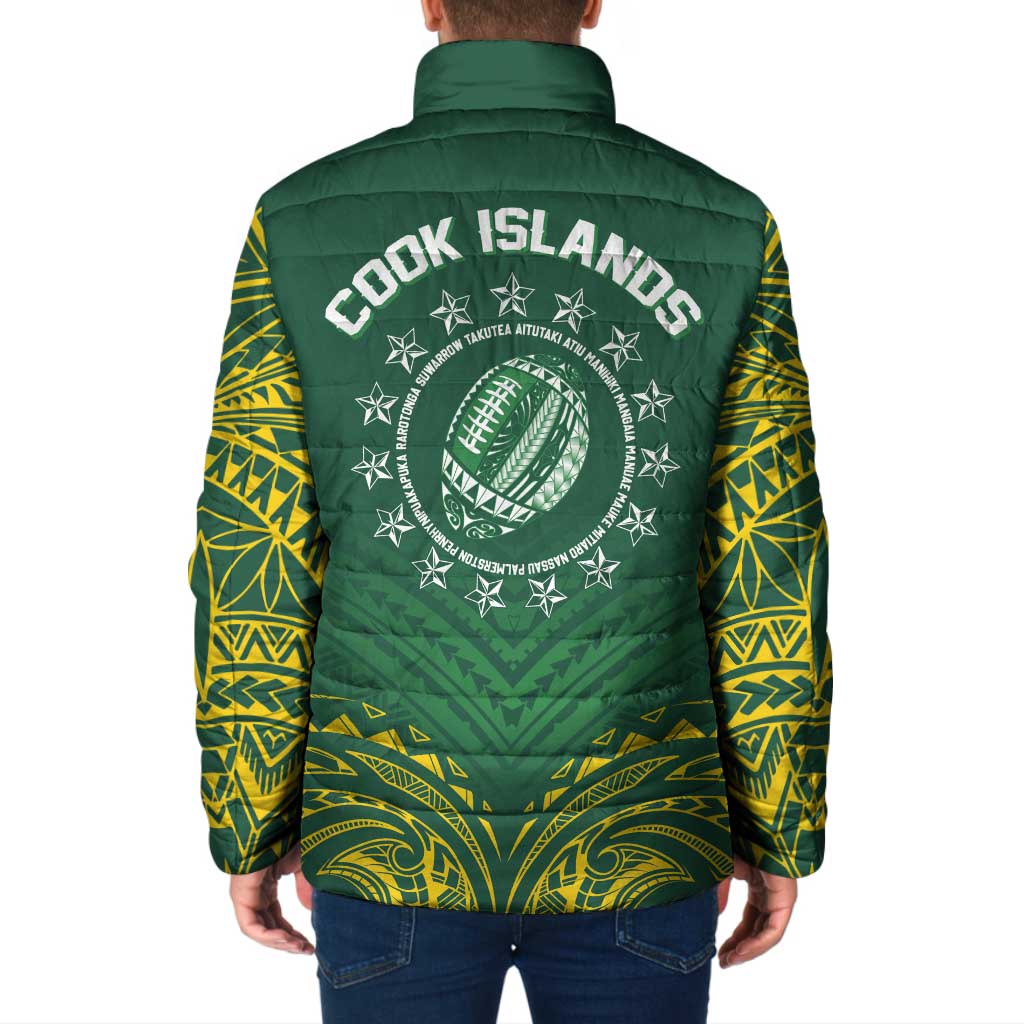 World Rugby Cook Islands Padded Jacket Green Polynesian Tribal Pattern - Polynesian Pride