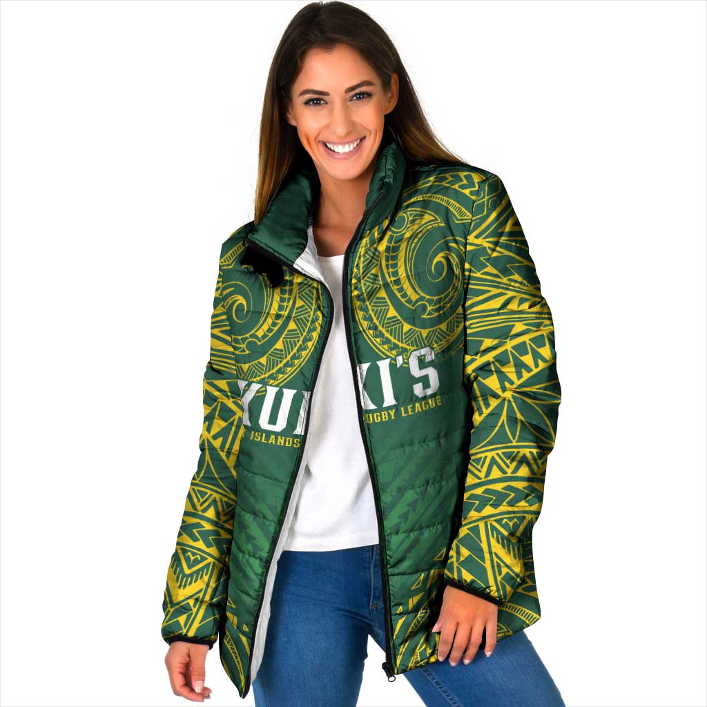 World Rugby Cook Islands Padded Jacket Green Polynesian Tribal Pattern - Polynesian Pride