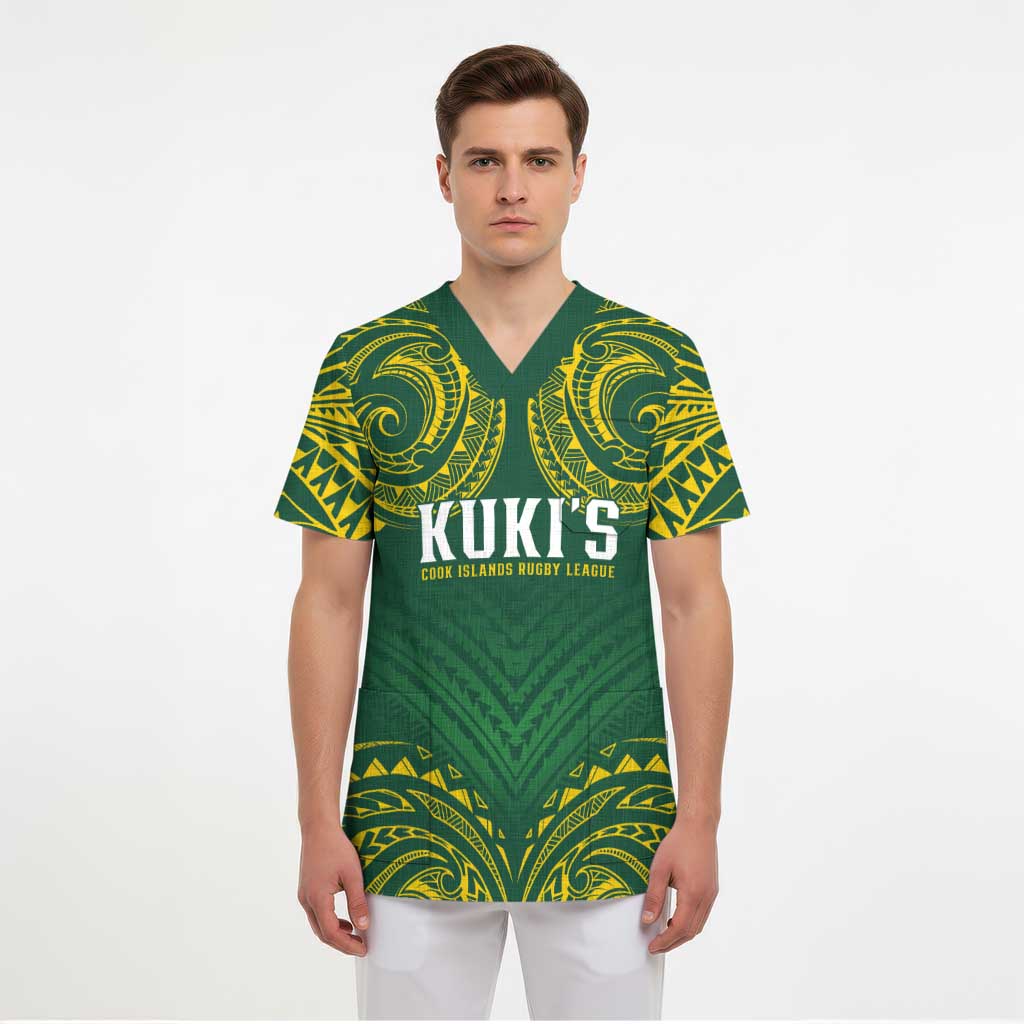 World Rugby Cook Islands Scrub Top Green Polynesian Tribal Pattern - Polynesian Pride