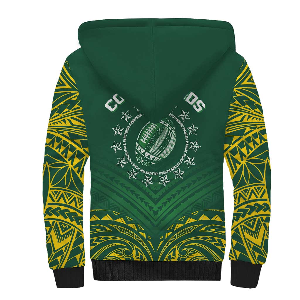 World Rugby Cook Islands Sherpa Hoodie Green Polynesian Tribal Pattern - Polynesian Pride