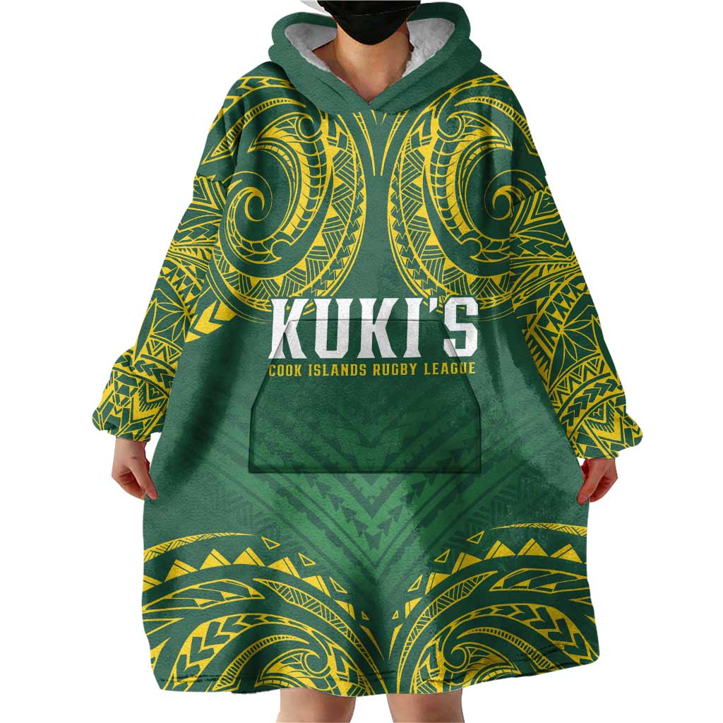World Rugby Cook Islands Wearable Blanket Hoodie Green Polynesian Tribal Pattern - Polynesian Pride
