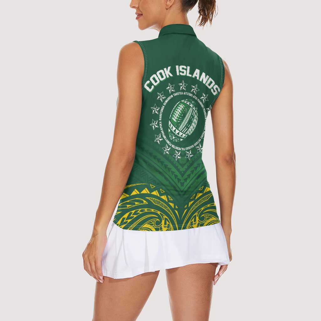 World Rugby Cook Islands Women Sleeveless Polo Shirt Green Polynesian Tribal Pattern - Polynesian Pride