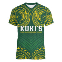 World Rugby Cook Islands Women V-Neck T-Shirt Green Polynesian Tribal Pattern - Polynesian Pride
